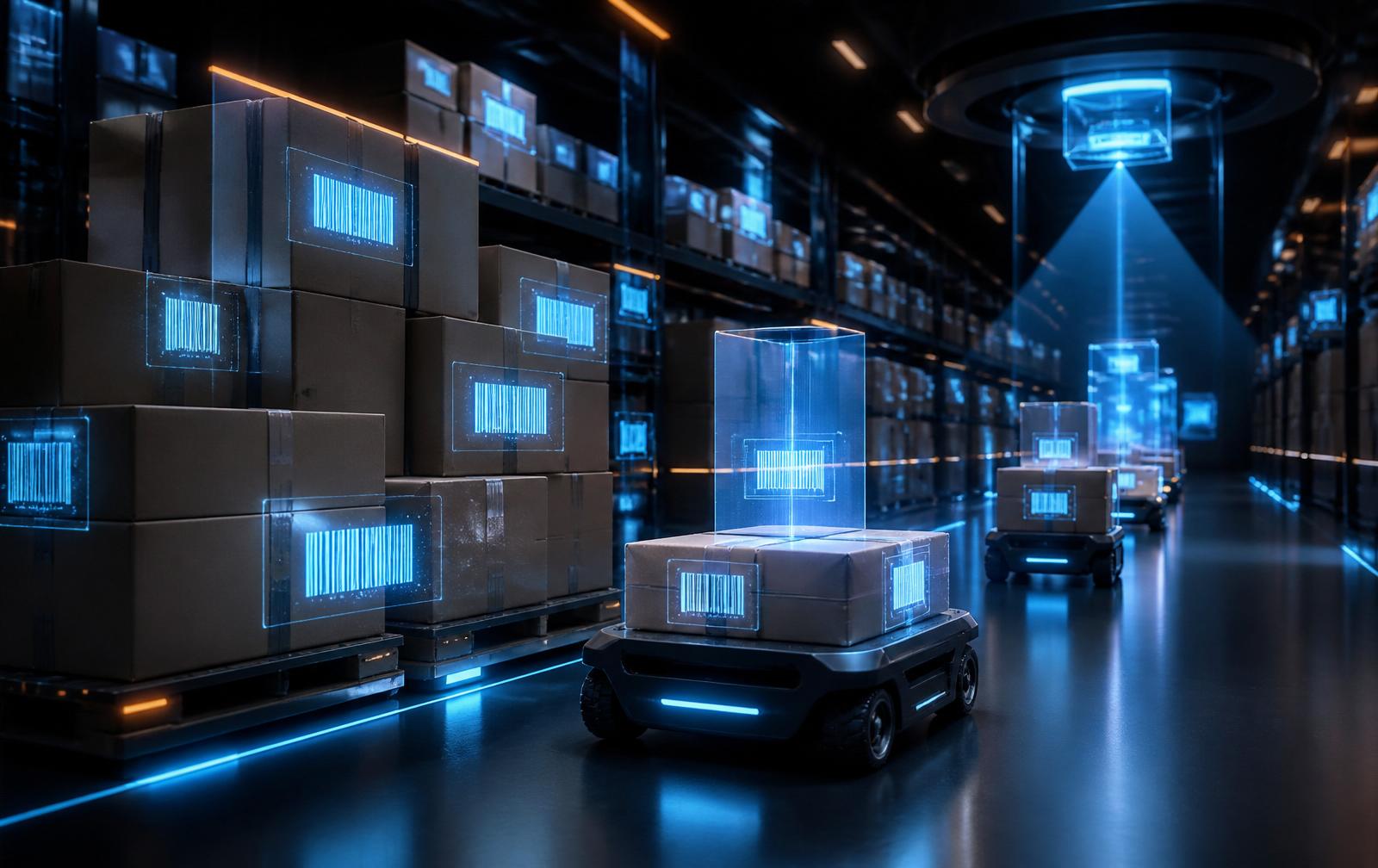 Futuristic warehouse with parcels being scanned by holographic barcodes