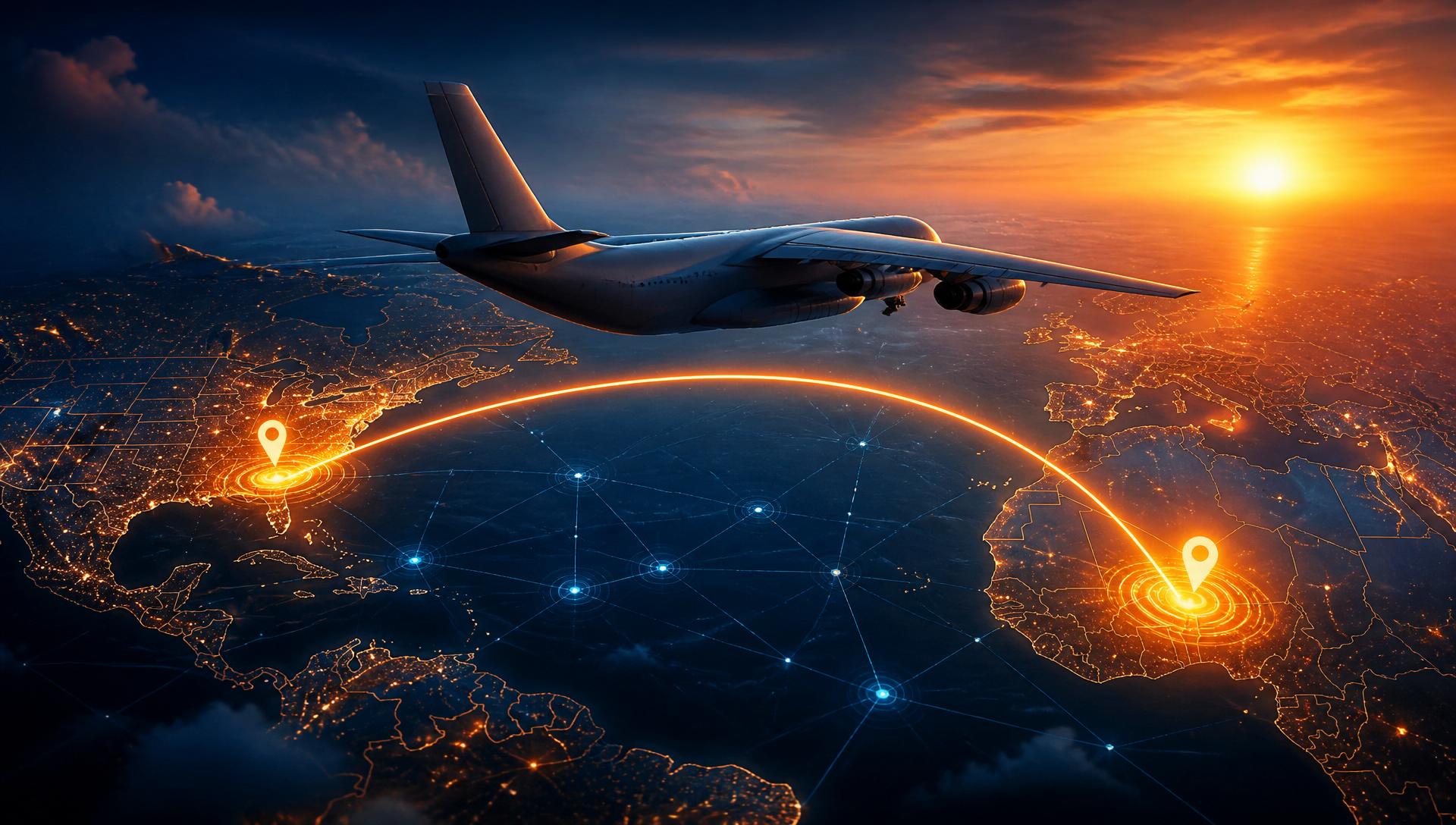 Cargo airplane flying over a glowing digital world map