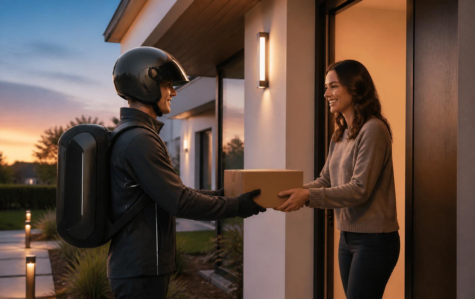 Delivery courier handing a parcel to a customer at a modern US home